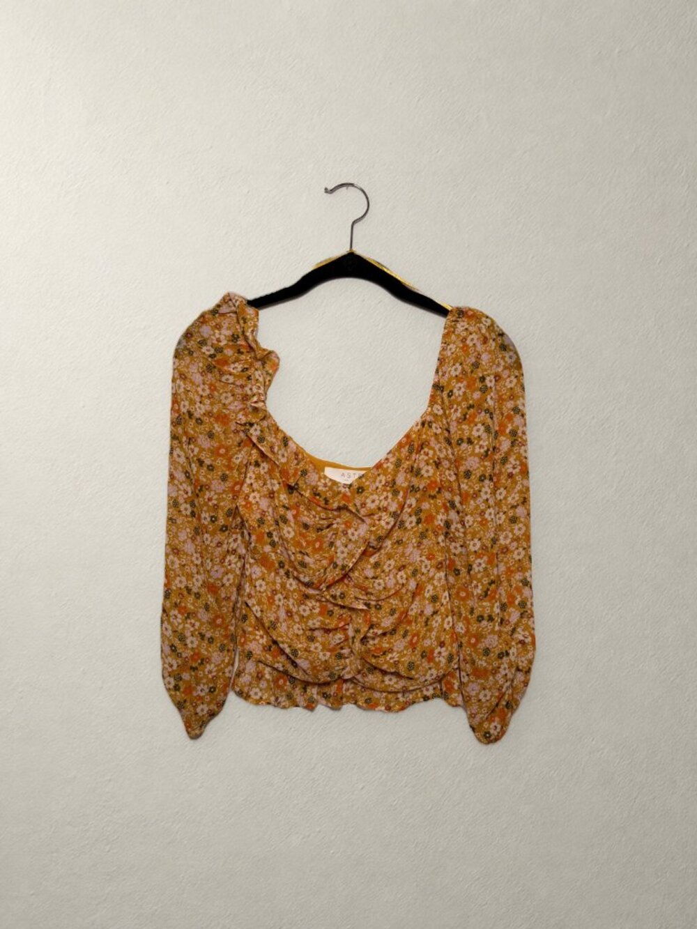 ASTR the Label Yellow Floral Ruched Front Long Sleeve Sheer Top Boho Size XS